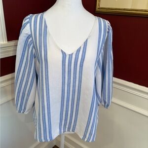 Caslon V-Neck Blue and White Striped Linen/Rayon Blouse